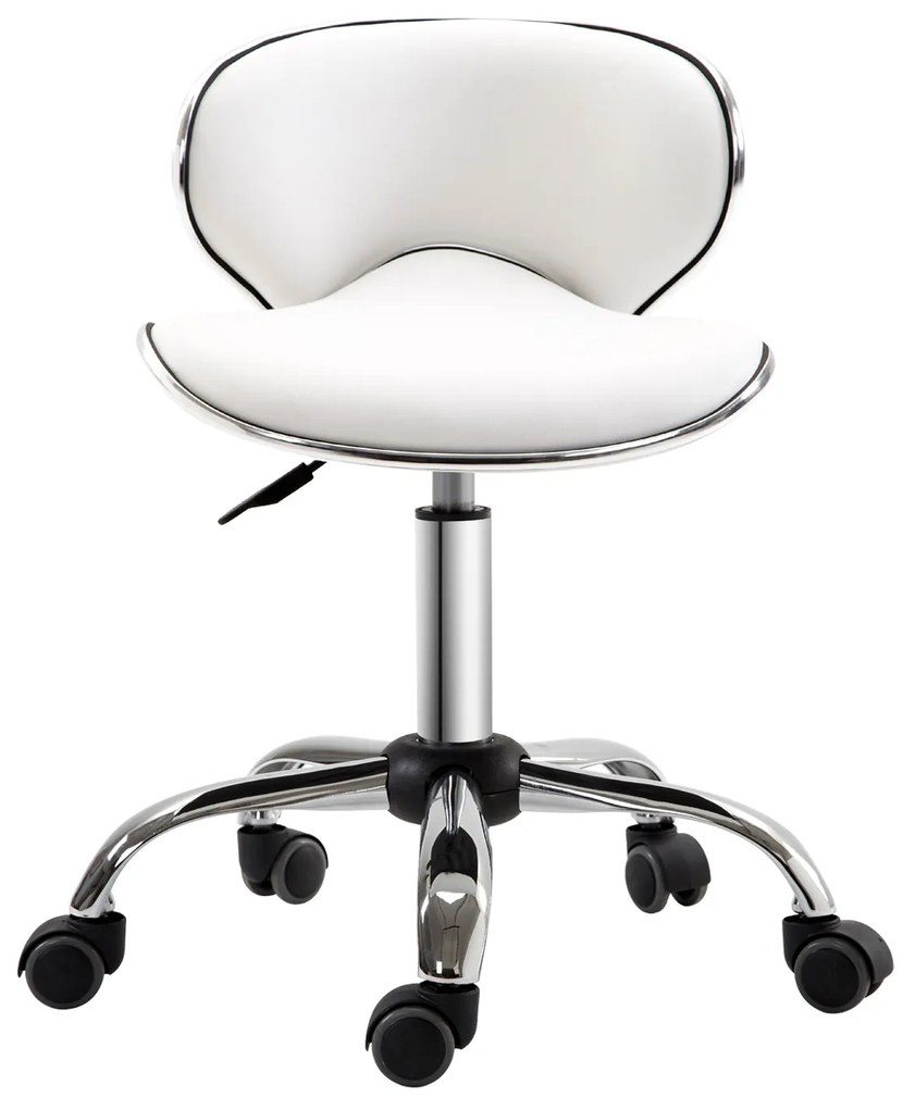HOMCOM Taburet cu roți, taburet de lucru cu înălțime reglabilă 44-56 cm și spătar, pivotant 360°, alb | Aosom Romania