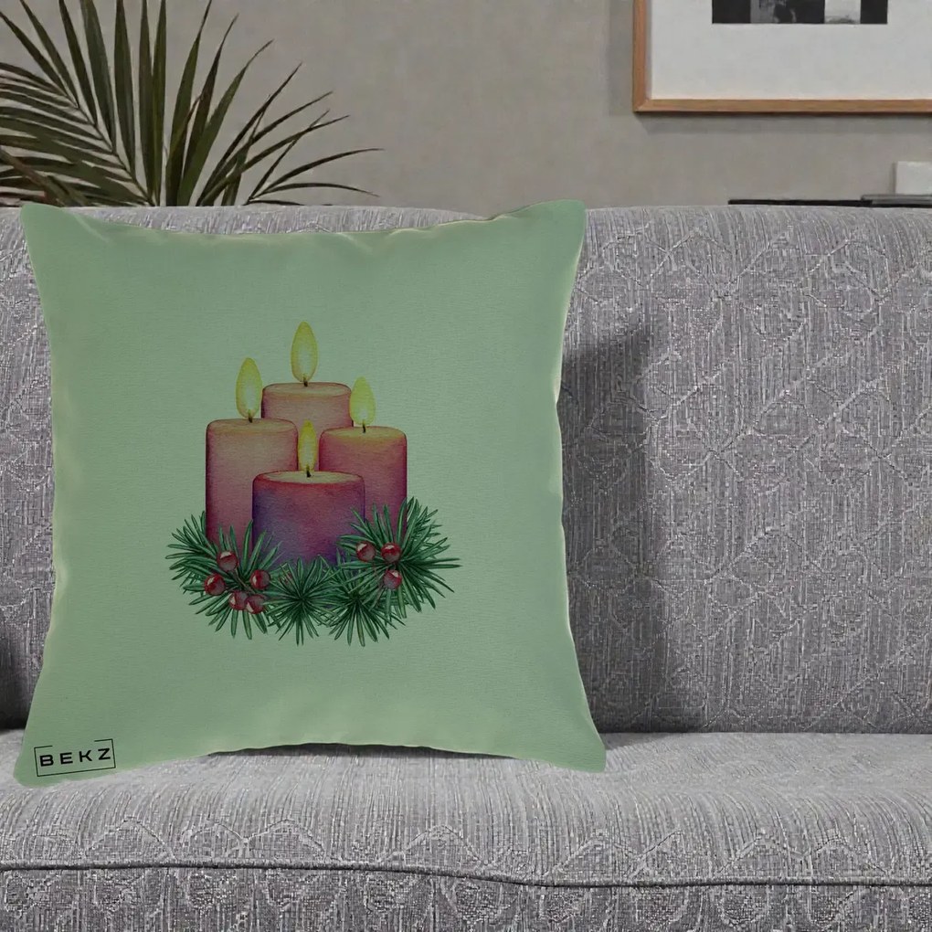 Perna Decorativa Lumanari Advent Roz-Violet, 40x40 cm, Verde, Husa Detasabila, Perna Inclusa, BEKZ®