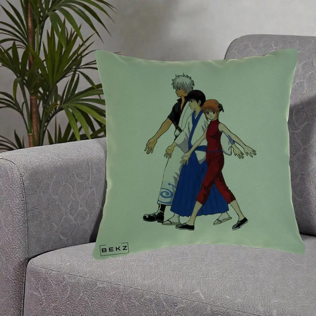 Perna Personalizata Gintama Trio Gintoki Shinpachi Kagura, 40x40 cm, Verde, Husa Detasabila, Perna Inclusa, BEKZ®
