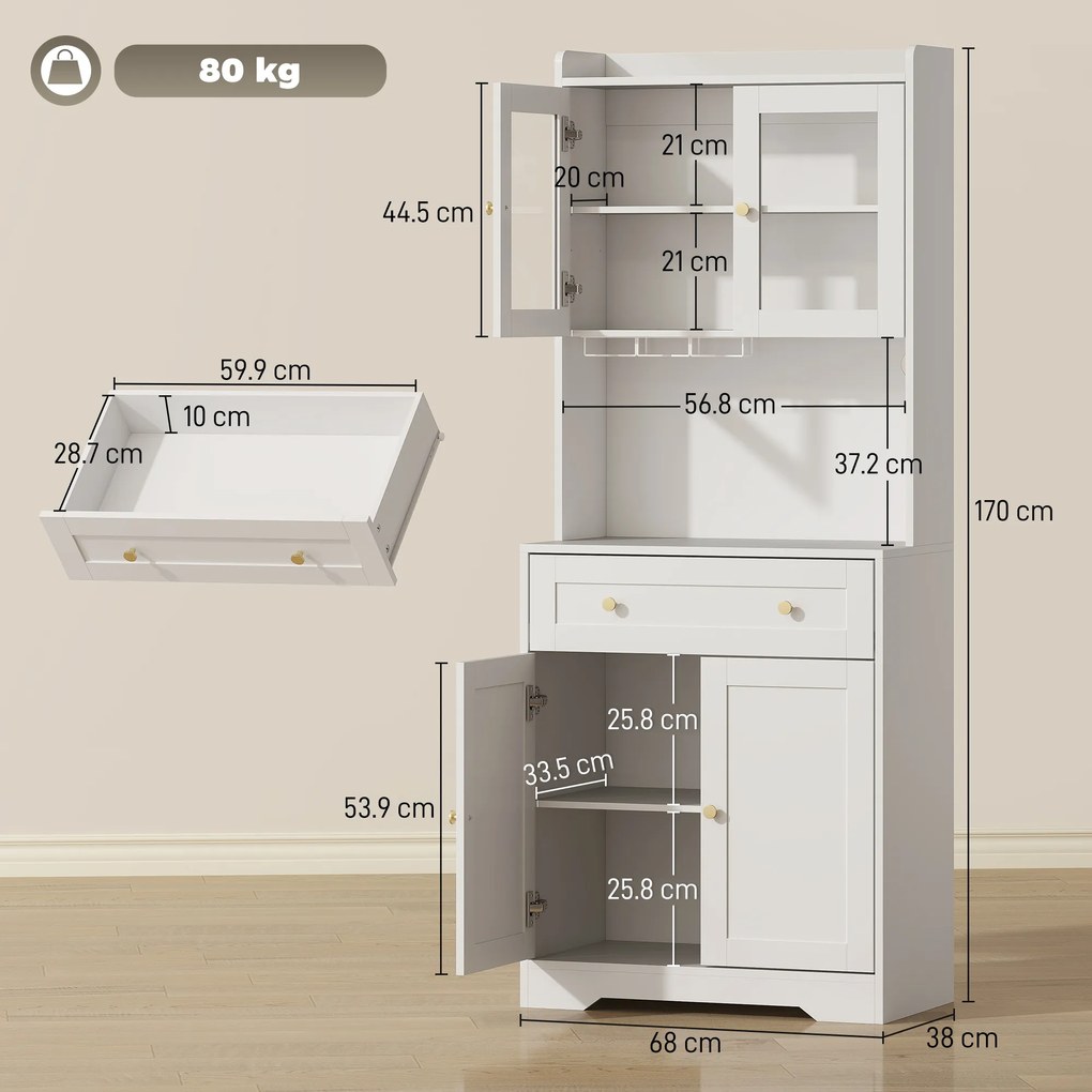 HOMCOM Dulap de bucătărie cu blat, suport pahare de vin, dulap de depozitare pentru bucătărie, sufragerie, 170 cm, MDF, sticlă, Alb | Aosom Romania
