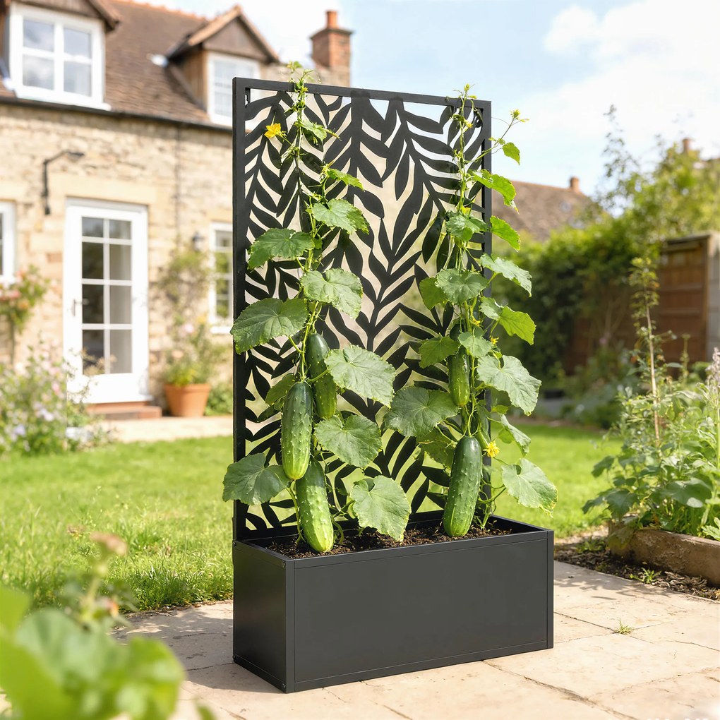 Outsunny Jardinieră cu protecție vizuală jardinieră cu spalier motive cu frunze tropicale 61 x 23 x 113 cm Negru | Aosom Romania