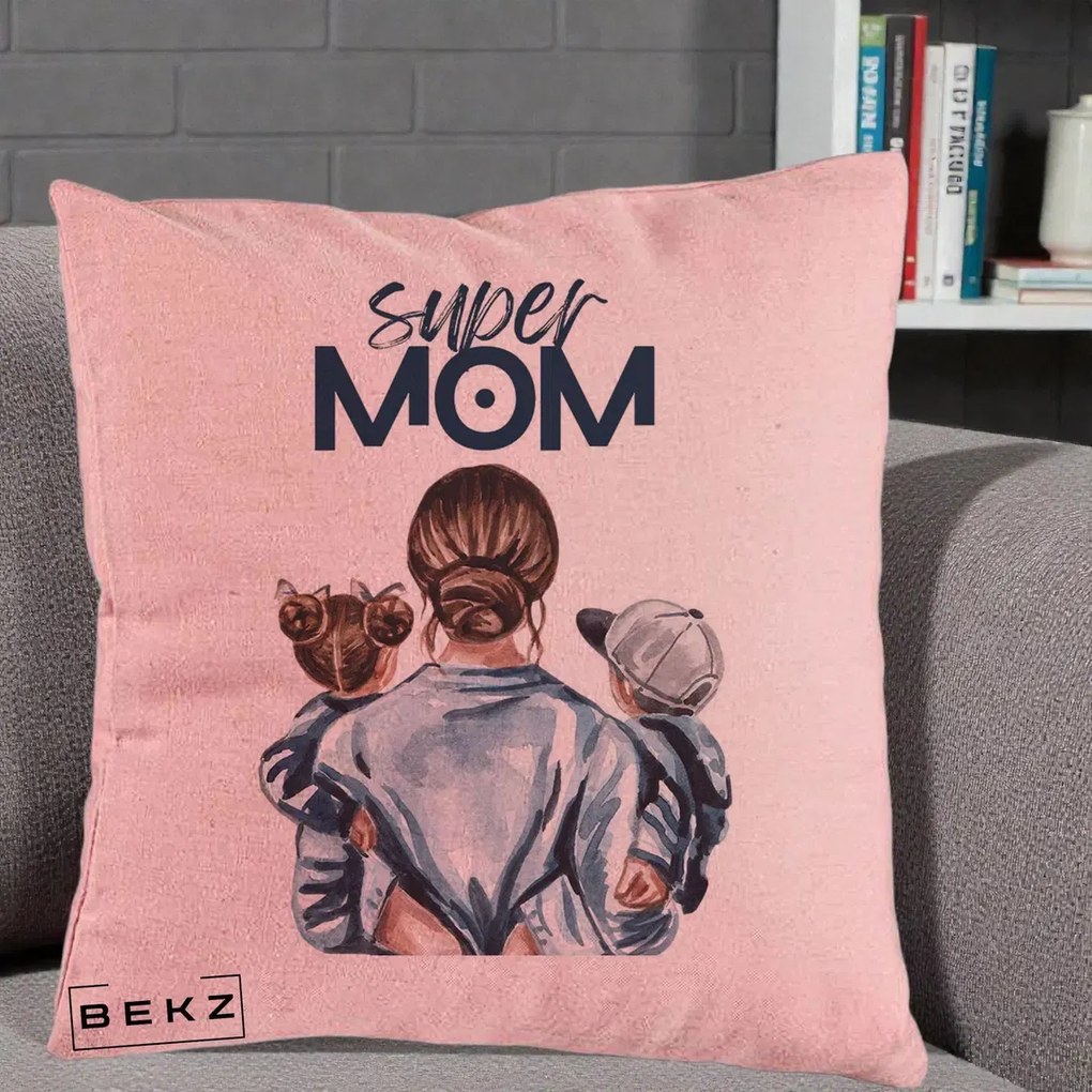 Cadou pentru Mama - Perna Personalizata Super Mom, 40x40 cm, Roz, Husa Detasabila, Perna Inclusa, BEKZ®