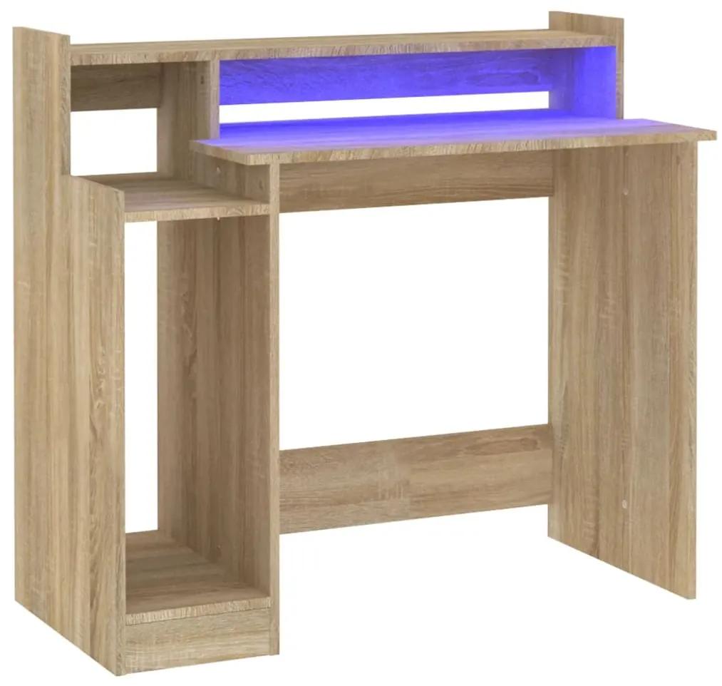 Birou cu lumini LED, stejar sonoma, 97x90x45 cm, lemn compozit Stejar sonoma