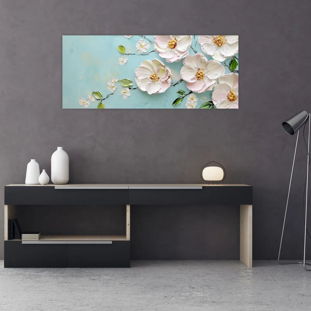 Tablou - Flori pe fundal albastru (120x50 cm)