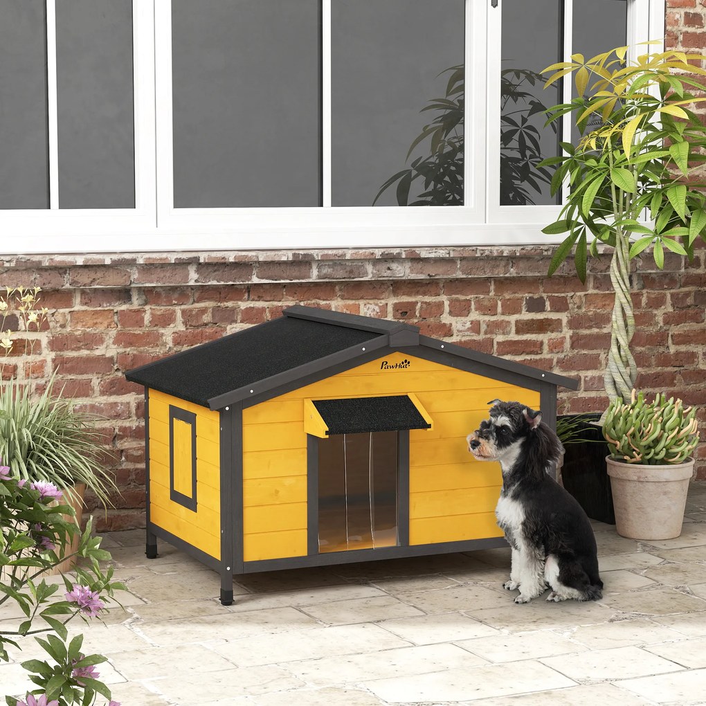 PawHut Caseta pentru Câini Exterior cu Acoperiș Asfaltic Rabatabil Ferestre și Bază Detașabilă 97x72x65 cm Lemn Natural | Aosom Romania