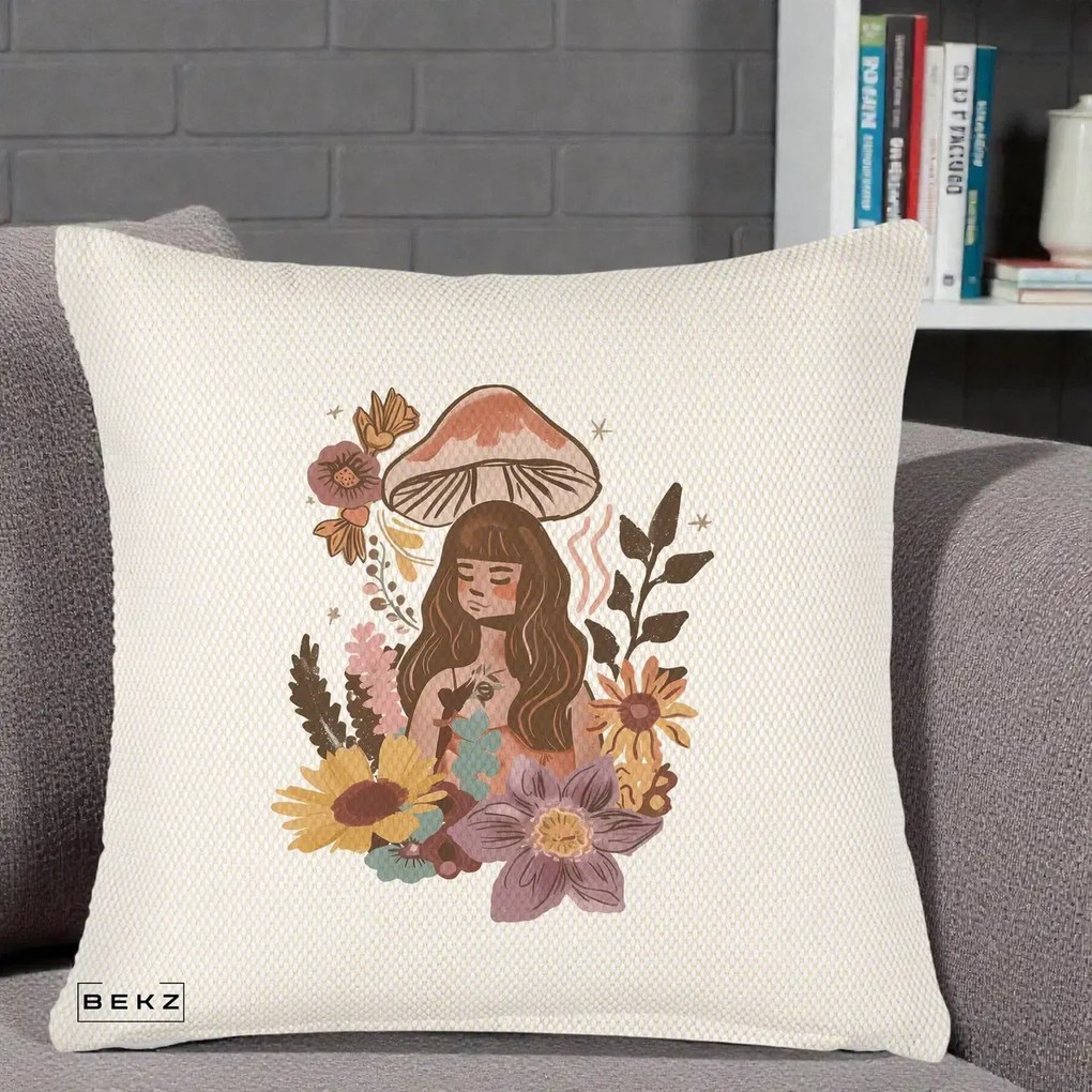 Perna Decorativa Fata Ciuperca Boho Florala, 40x40 cm, Crem Reliefat, Husa Detasabila, Perna Inclusa, BEKZ®