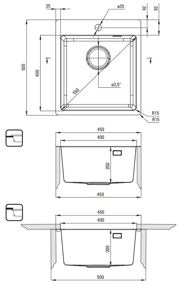 Chiuveta bucatarie inox Deante Olfato, 45x50 cm, titan slefuit 450x505 mm, Titan slefuit