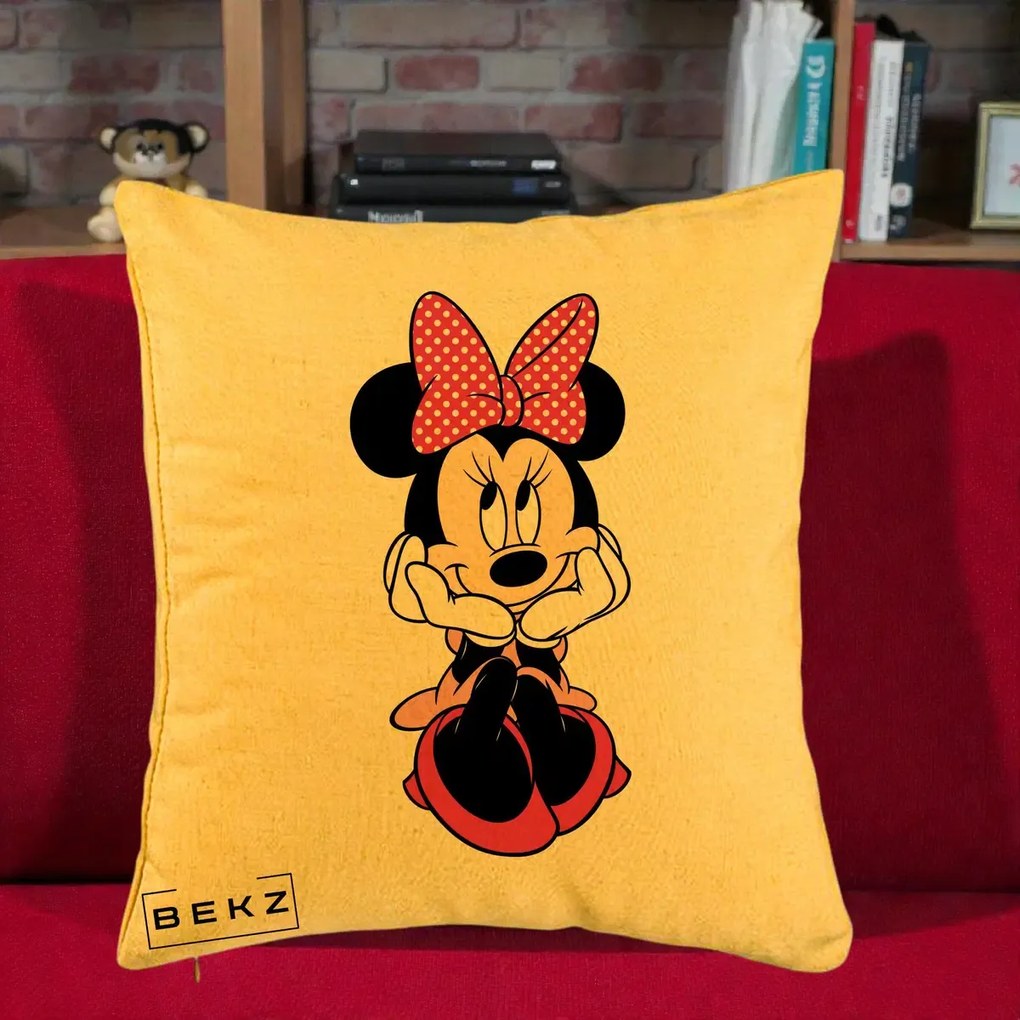 Perna Personalizata Minnie Mouse cu Fundita, 40x40 cm, Galben, Husa Detasabila, Perna Inclusa, BEKZ®