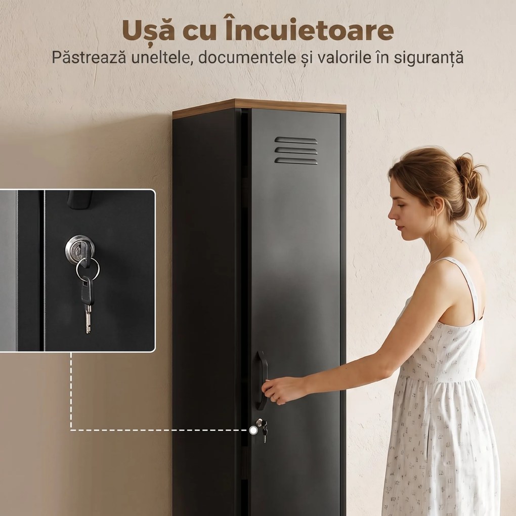 HOMCOM Dulap Metalic cu Rafturi Reglabile, pentru Dormitor, Garaj și Birou, Negru | Aosom Romania