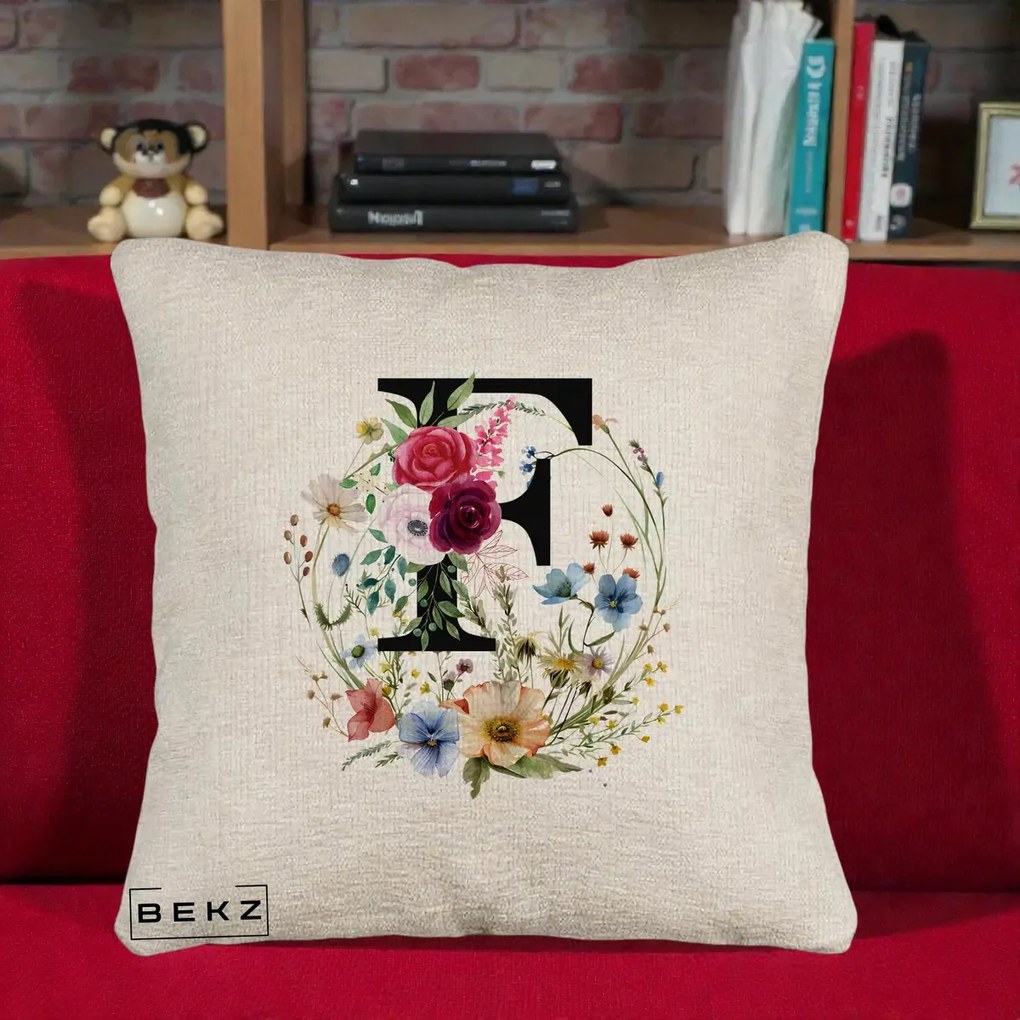 Cadou Personalizat - Perna Personalizata Monogram Litera F cu Flori Acuarela, 40x40 cm, Bej Canapea, Husa Detasabila, Perna Inclusa, BEKZ®