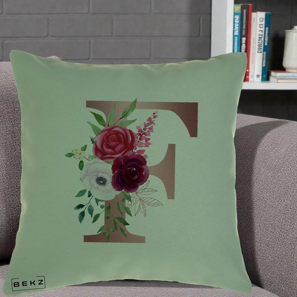 Cadou Personalizat - Perna Personalizata Monograma Rose Gold Litera F, 40x40 cm, Verde, Husa Detasabila, Perna Inclusa, BEKZ®