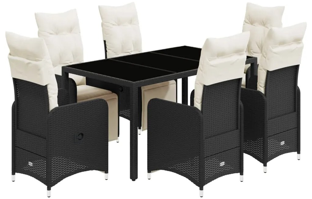 3277138 vidaXL Set bistro de grădină, 7 piese, cu perne, negru, poliratan