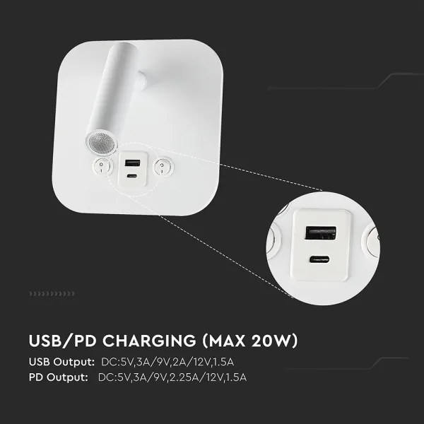 Aplică LED de perete cu port USB, 8W, 230V, 3000K, alb