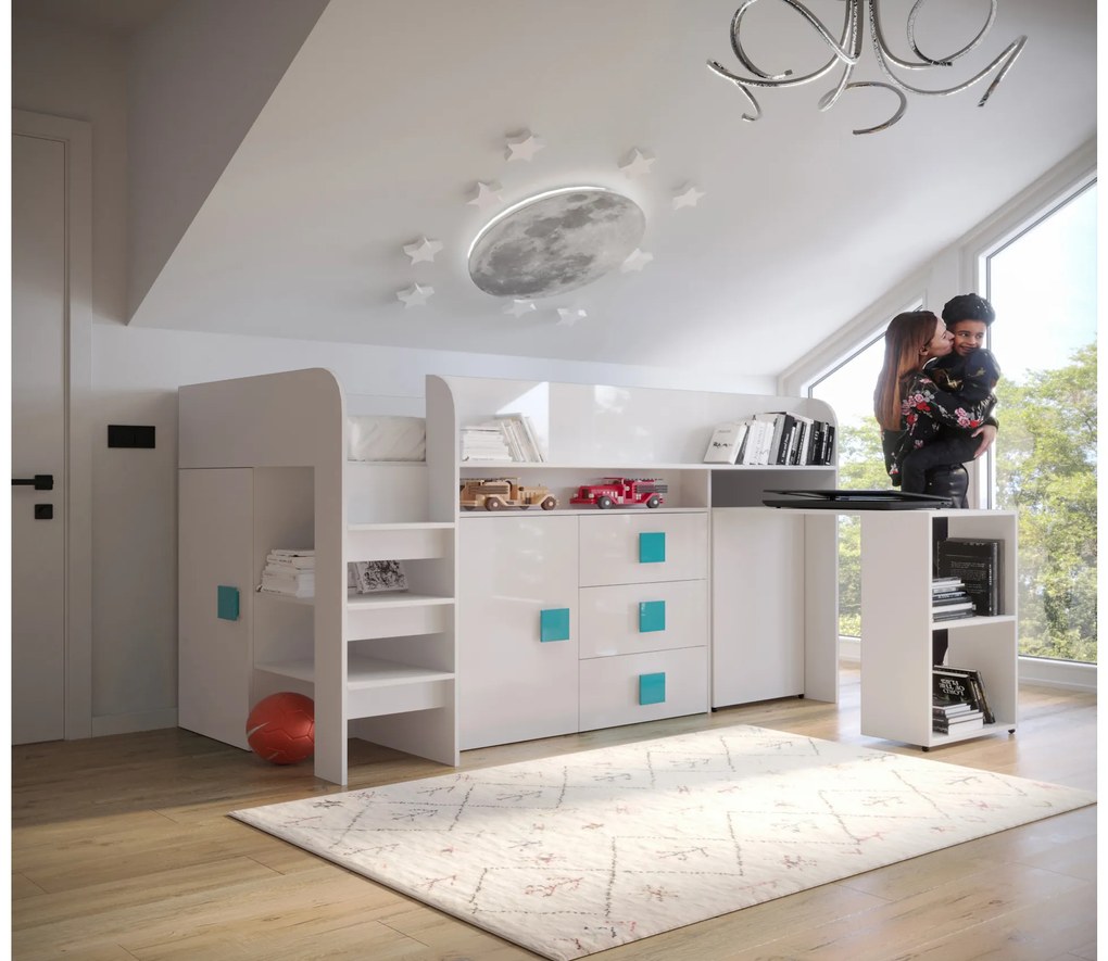 Pat multifuncțional 90 cm Toreno 1 (Alb + alb lucios + mânere turcoaz lucios). 1083308