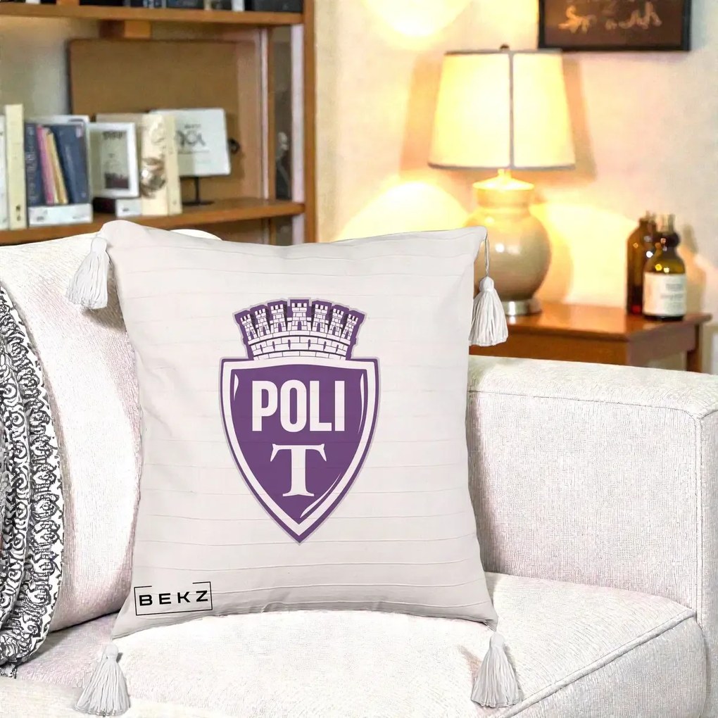 Perna Personalizata Poli Timisoara Fotbal, 40x40 cm, Bej cu Franjuri, Husa Detasabila, Perna Inclusa, BEKZ®