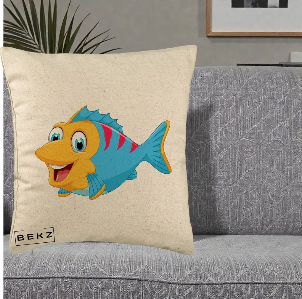 Perna Decorativa Peste Vesel Cartoon, 40x40 cm, Bej, Husa Detasabila, Perna Inclusa, BEKZ®
