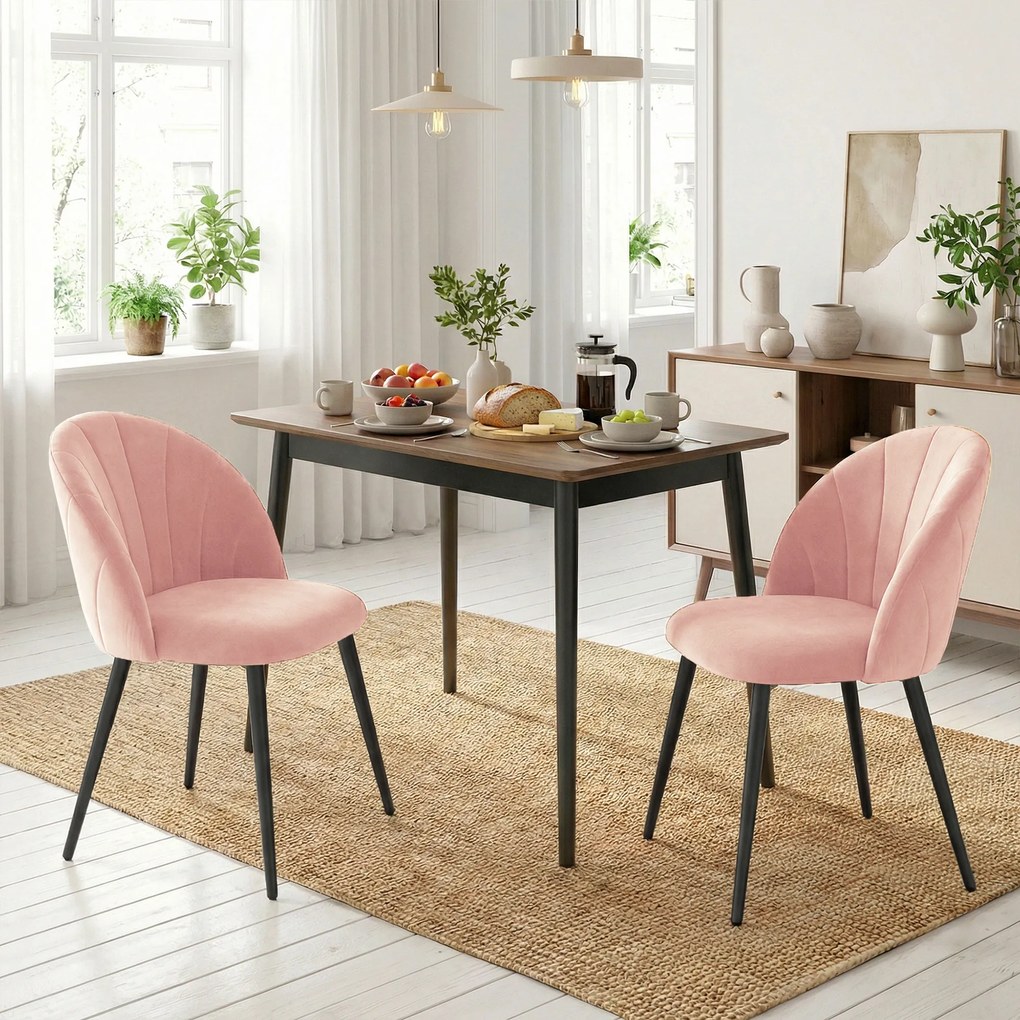 HOMCOM Set de 2 Scaune de Sufragerie din Catifea, Scaune Bucătărie cu Spătar Curbat în Formă de Scoică, Picioare din Oțel, Stil Nordic, Scaun Tapițat pentru Bucătărie, Dormitor, Cameră de Zi, Roz | Aosom Romania