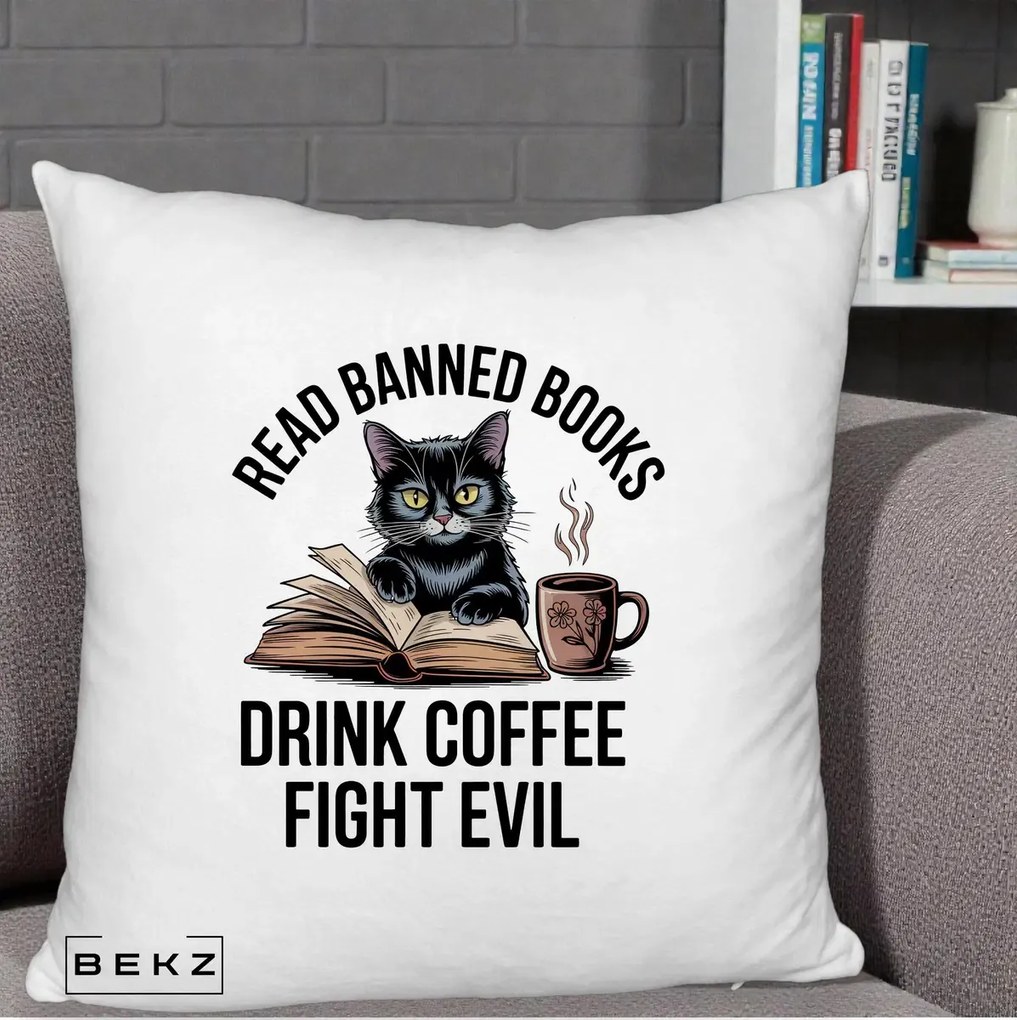 Perna Personalizata Read Banned Books Pisica, 40x40 cm, Alb Pufos, Husa Detasabila, Perna Inclusa, BEKZ®