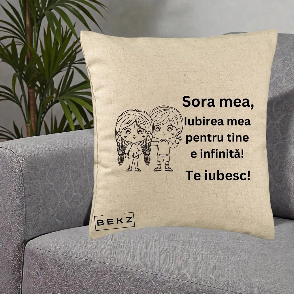 Cadou pentru Sora - Perna Personalizata Sora Mea Te Iubesc Copii Anime Line Art, 40x40 cm, Bej, Husa Detasabila, Perna Inclusa, BEKZ®