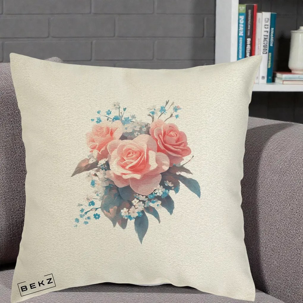 Perna Decorativa Trandafiri Roz cu Floricele Albastre, 40x40 cm, Ecru, Husa Detasabila, Perna Inclusa, BEKZ®