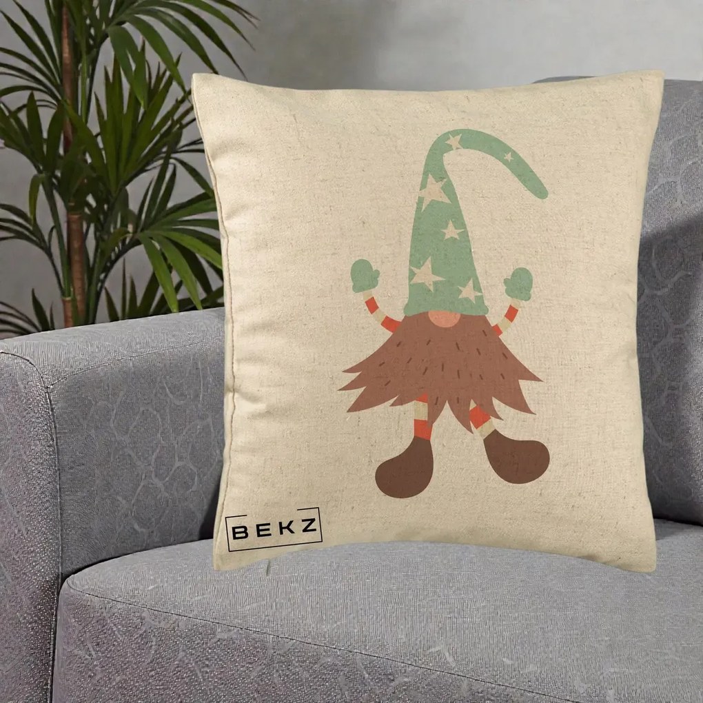 Perna Decorativa Pitic Gnom Nordic cu Cadou Menta, 40x40 cm, Bej, Husa Detasabila, Perna Inclusa, BEKZ®