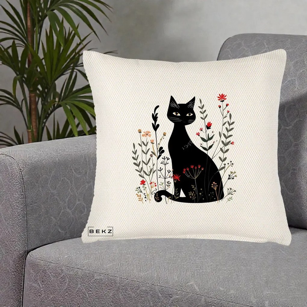 Perna Decorativa Pisica Neagra Botanica Rosu-Gri, 40x40 cm, Crem Reliefat, Husa Detasabila, Perna Inclusa, BEKZ®