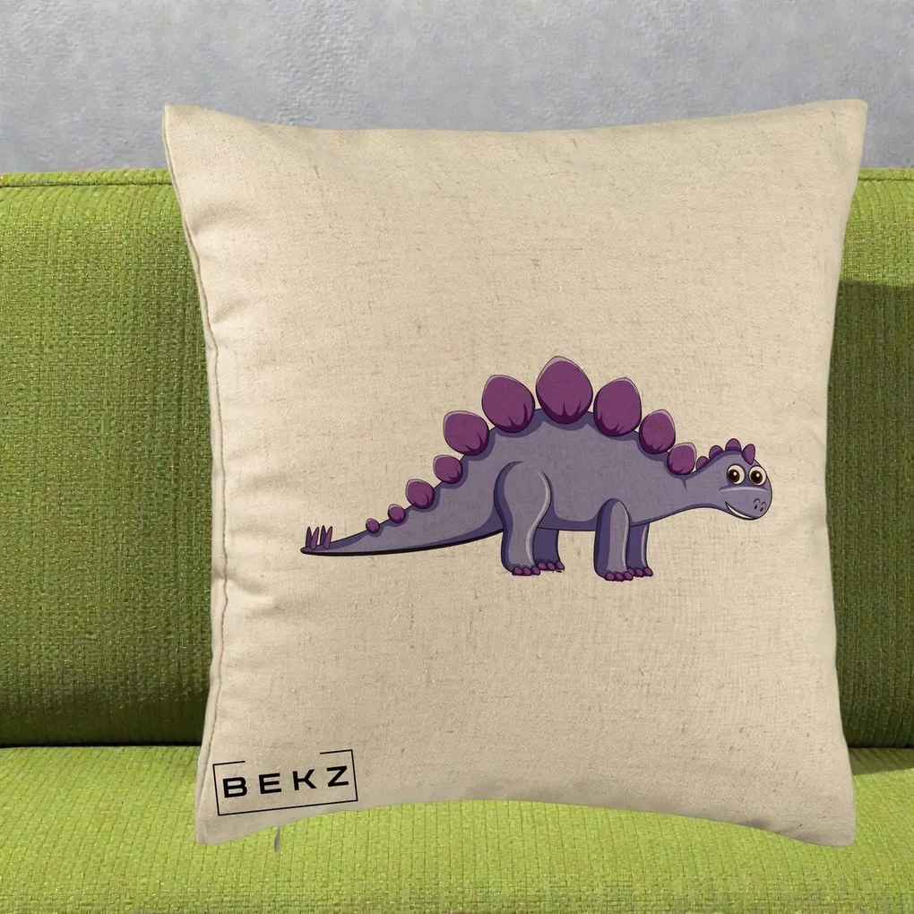Perna Personalizata Stegozaur Mov, 40x40 cm, Bej, Husa Detasabila, Perna Inclusa, BEKZ®