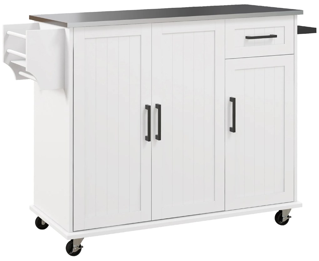 HOMCOM Insulă de Bucătărie Rulantă cu Depozitare, Sertar, 3 Dulapuri, Blat din Oțel Inoxidabil, Design Versatil, Alb | Aosom Romania