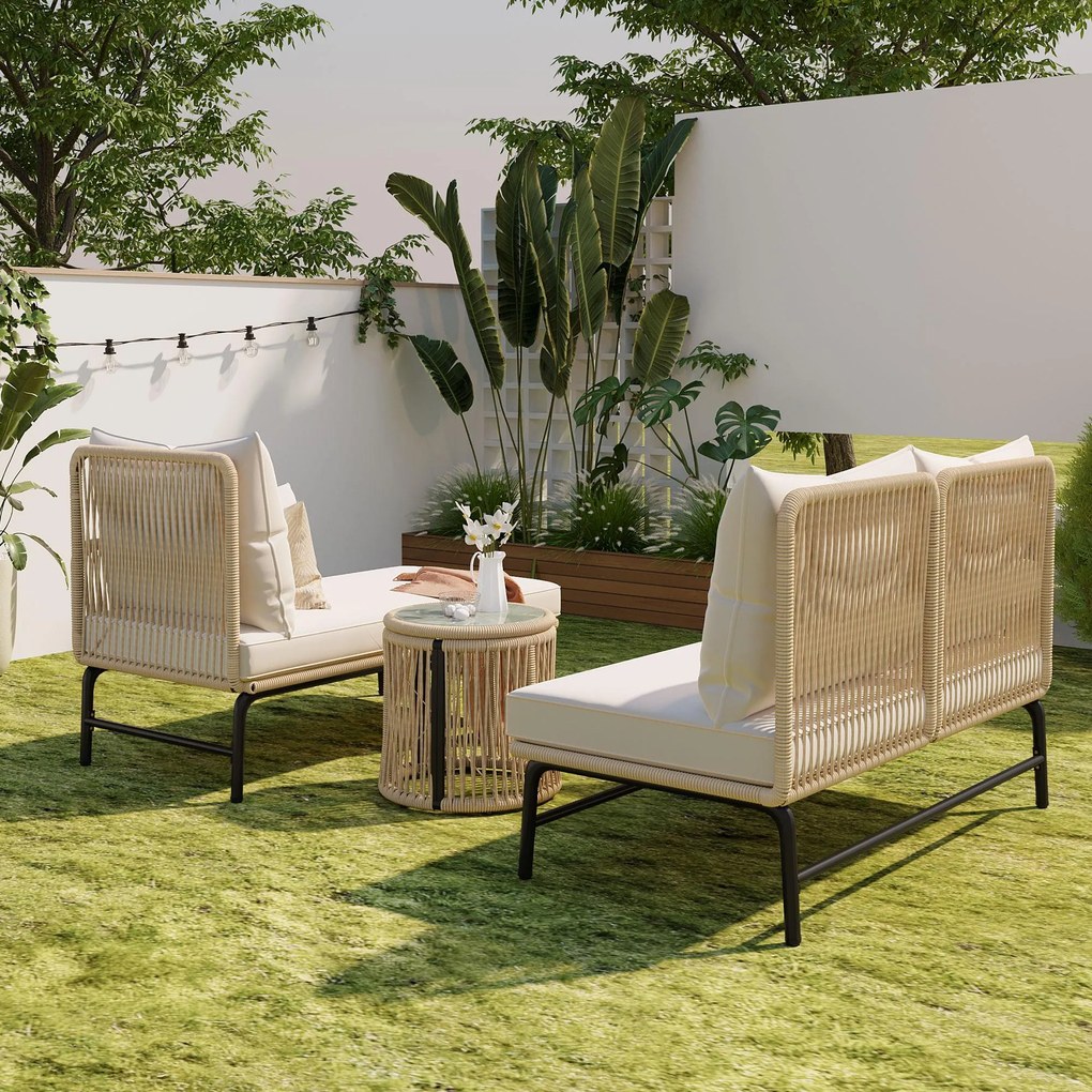 Set de mobilier de grădină cu cadru din fier, acoperit cu frânghie împletită manual și design în formă de L, Bej