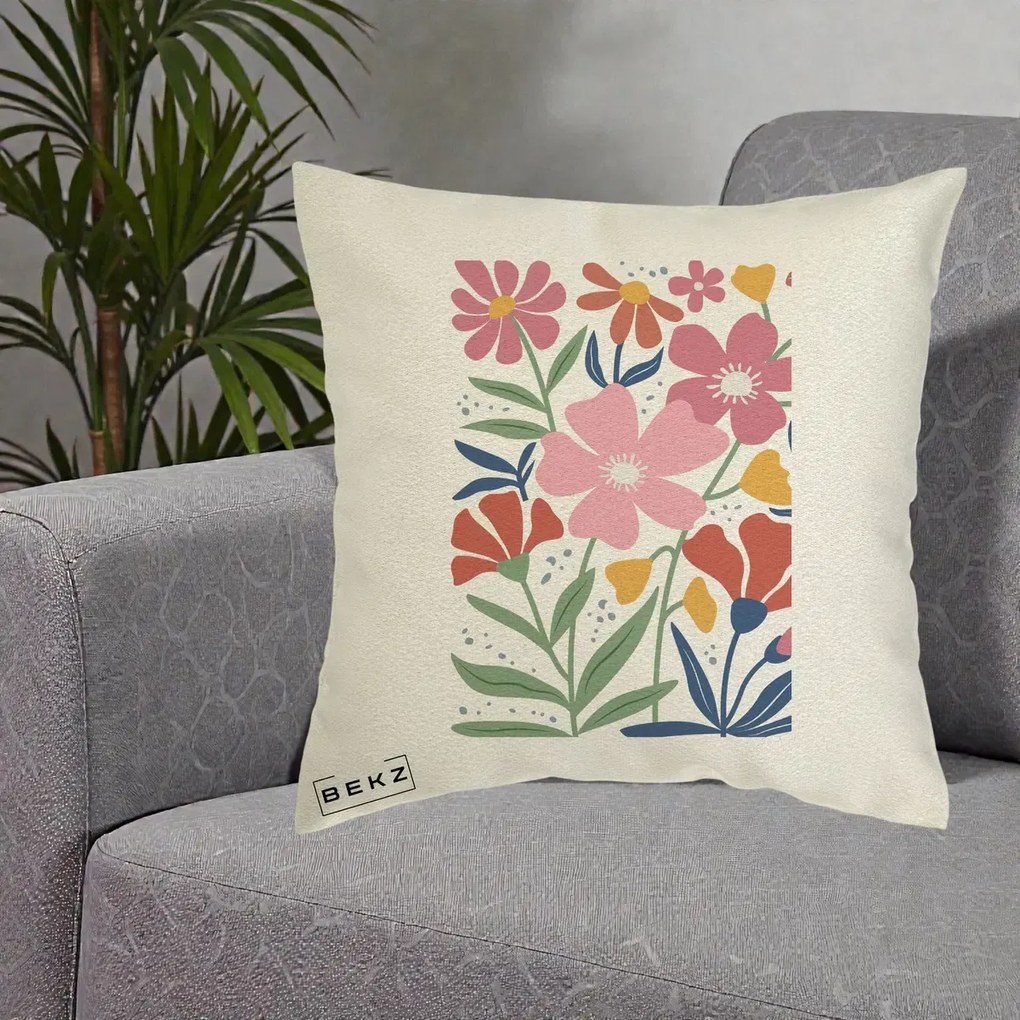Perna Decorativa Flori Grafice Roz si Terracotta, 40x40 cm, Ecru, Husa Detasabila, Perna Inclusa, BEKZ®