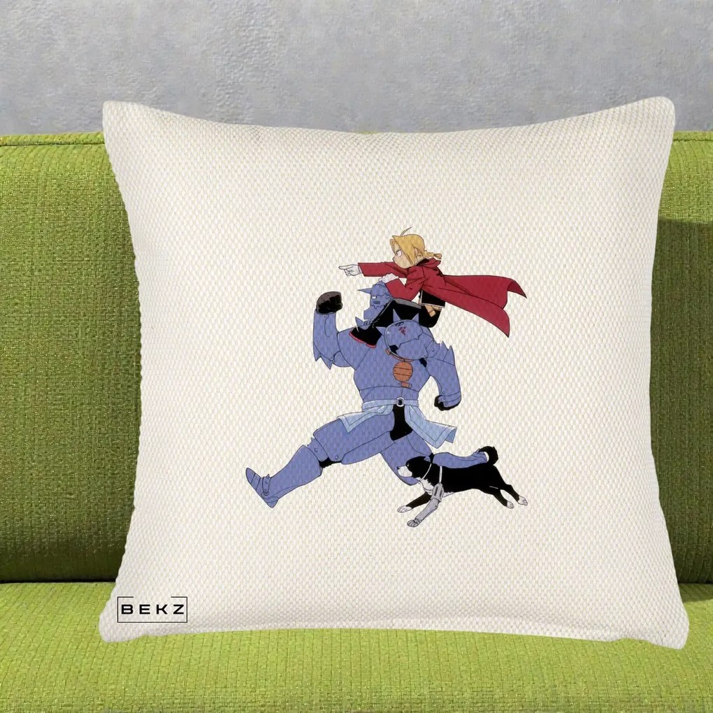 Perna Personalizata Fullmetal Alchemist Edward si Alphonse, 40x40 cm, Crem Reliefat, Husa Detasabila, Perna Inclusa, BEKZ®
