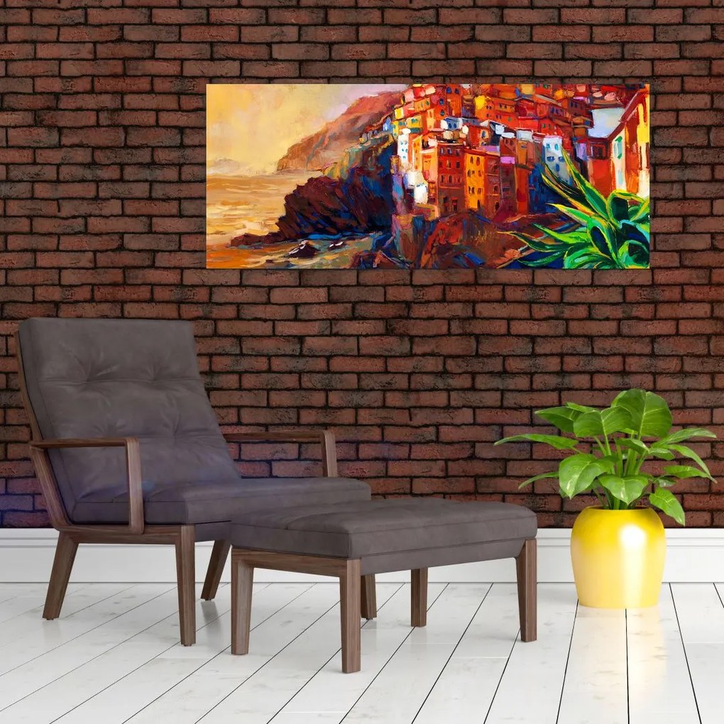 Tablou - Satul de coastă Cinque Terre, Riviera italiană, impresionismul modern (120x50 cm)