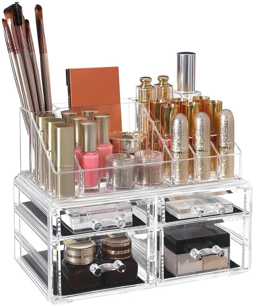 Organizator cu 4 sertare pentru make up şi cosmetică, transparent,