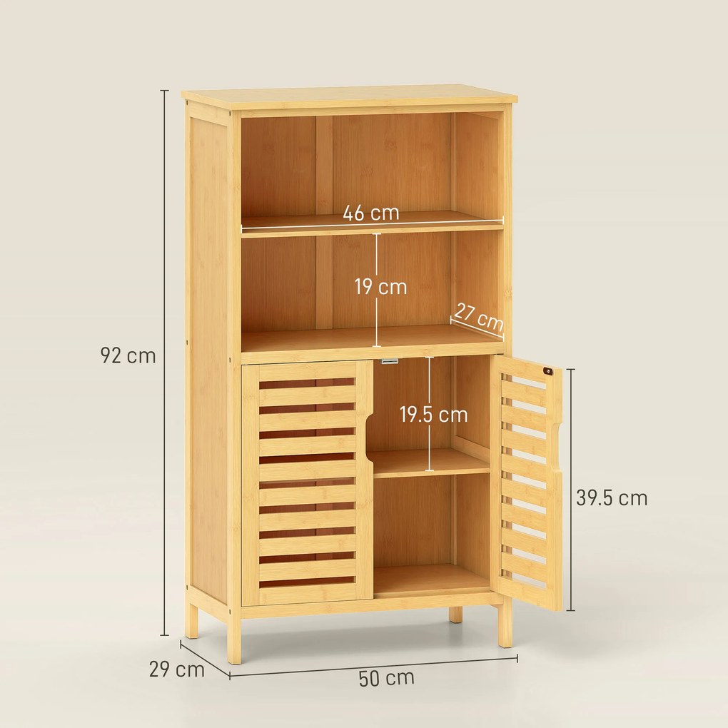 kleankin Mobile Bagno in Bambù, Mobiletto Bagno Salvaspazio con 2 Ante a Persiana e Ripiani Aperti, Armadietto da Terra per Sala da Pranzo, Salotto, Soggiorno, Cucina, 50x29x92 cm, Color Legno | Aosom Romania