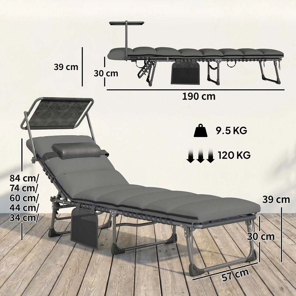 Outsunny Șezlong 5 poziții reglabil, cu copertină, pernă, suport pentru cap și buzunar lateral, 190x57x30cm, Gri închis | Aosom Romania