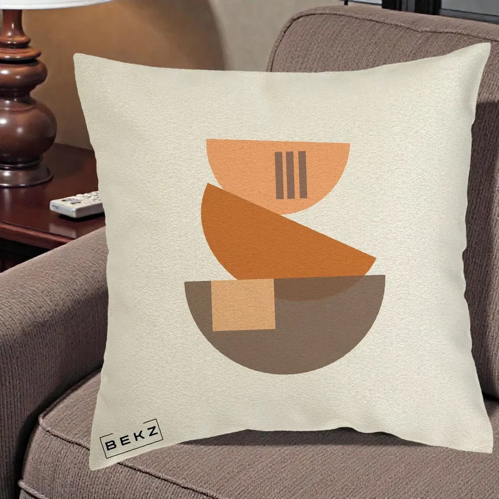 Perna Decorativa Geometric Bauhaus Boluri Portocaliu, 40x40 cm, Ecru, Husa Detasabila, Perna Inclusa, BEKZ®