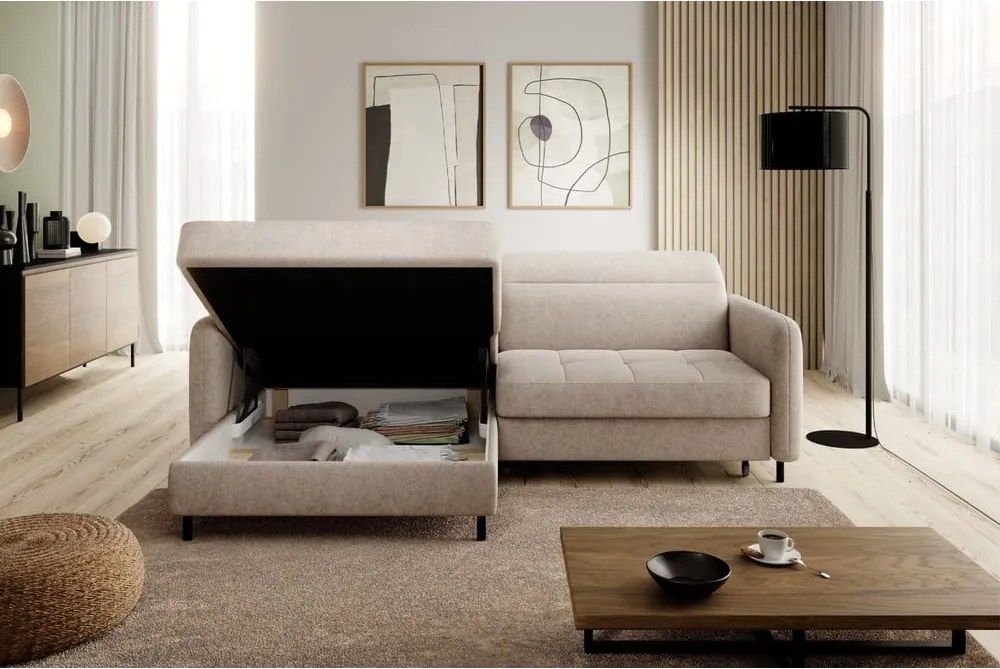 Colțar bej extensibil/cu spațiu de depozitare cu tapițerie din chenille (cu colț pe partea stângă/cu șezlong) Gomsi – ELTAP