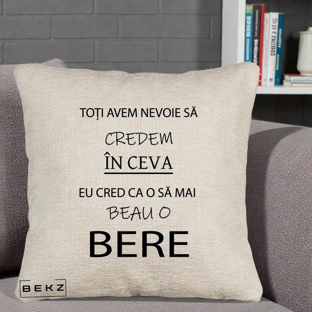 Perna Decorativa Eu Cred ca mai Beau o Bere, 40x40 cm, Bej Canapea, Husa Detasabila, Perna Inclusa, BEKZ®