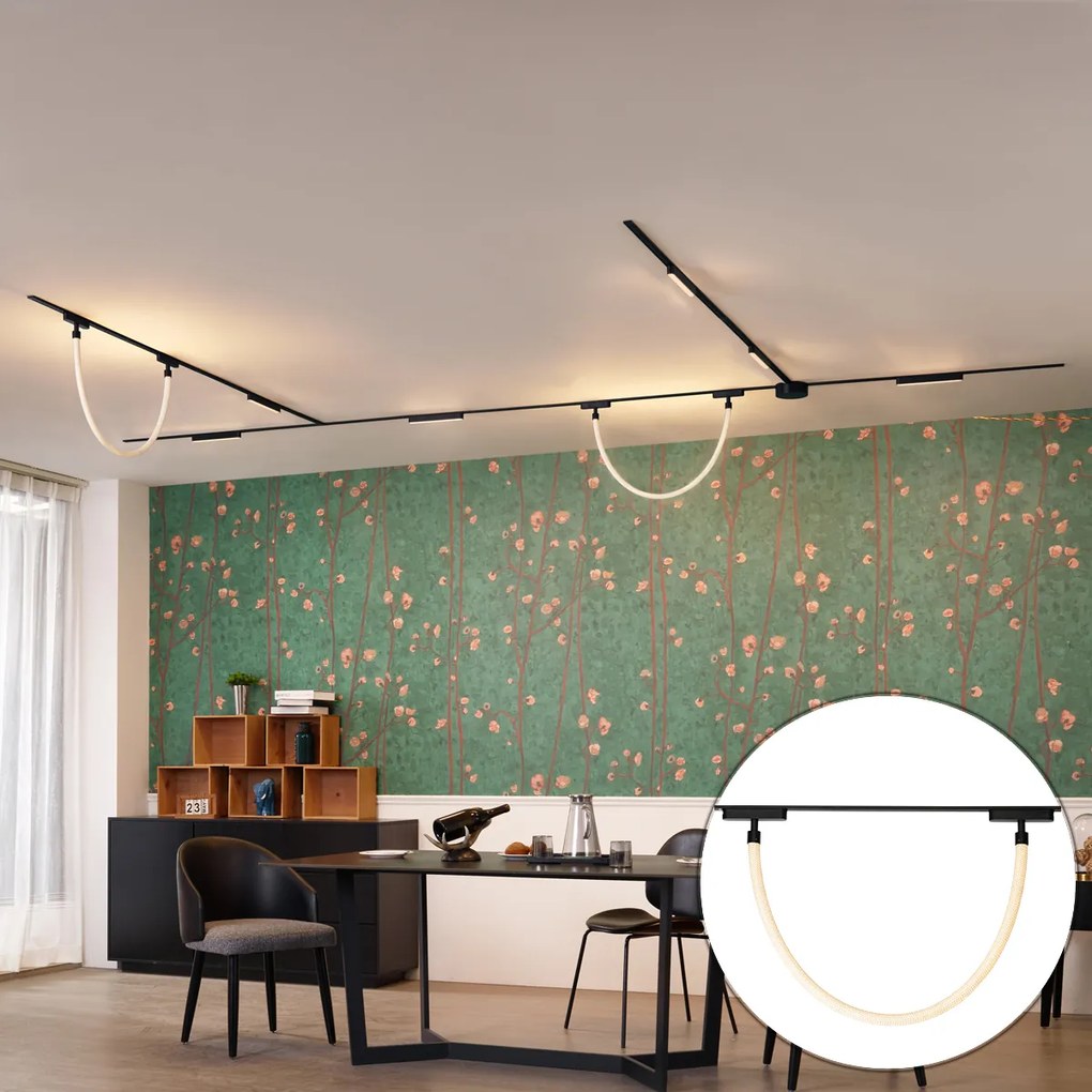 Sistem de iluminat pe șine cu 6 spoturi pentru tavan și 2 lămpi suspendate negre monofazate - Magnetic Marra Tautau