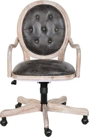 Scaun vintage de birou din piele ecologică maro închis cu roți și înălțime reglabilă, lemn cu finisaj alb antichizat, „Régent"