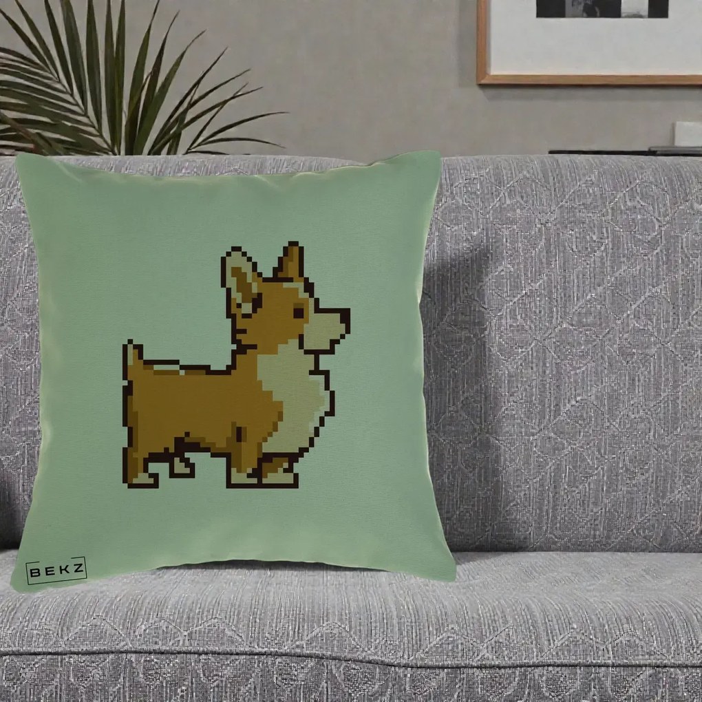 Perna Personalizata Corgi Pixel Art, 40x40 cm, Verde, Husa Detasabila, Perna Inclusa, BEKZ®