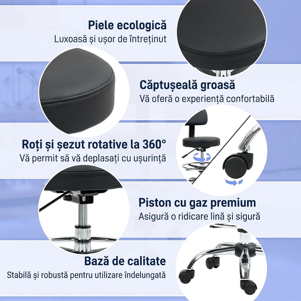 HOMCOM Scaun Rotativ la 360° și Reglabil pe Înălțime cu Suport pentru Picioare, 52x52x78-92 cm, Negru | Aosom Romania