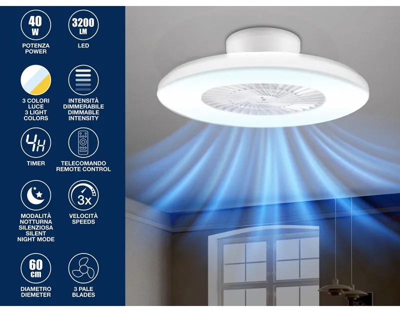 Resigilat: Ventilator de tavan cu LED 2in1 Beper P206VEN650, Lampa LED, 40 W, 3 viteze, Temporizator, Alb