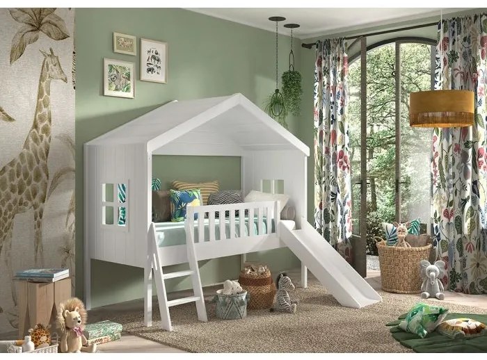Pat Căsuță Housebed 90x200 cm cu Tobogan, pentru Copii, Alb – Vipack