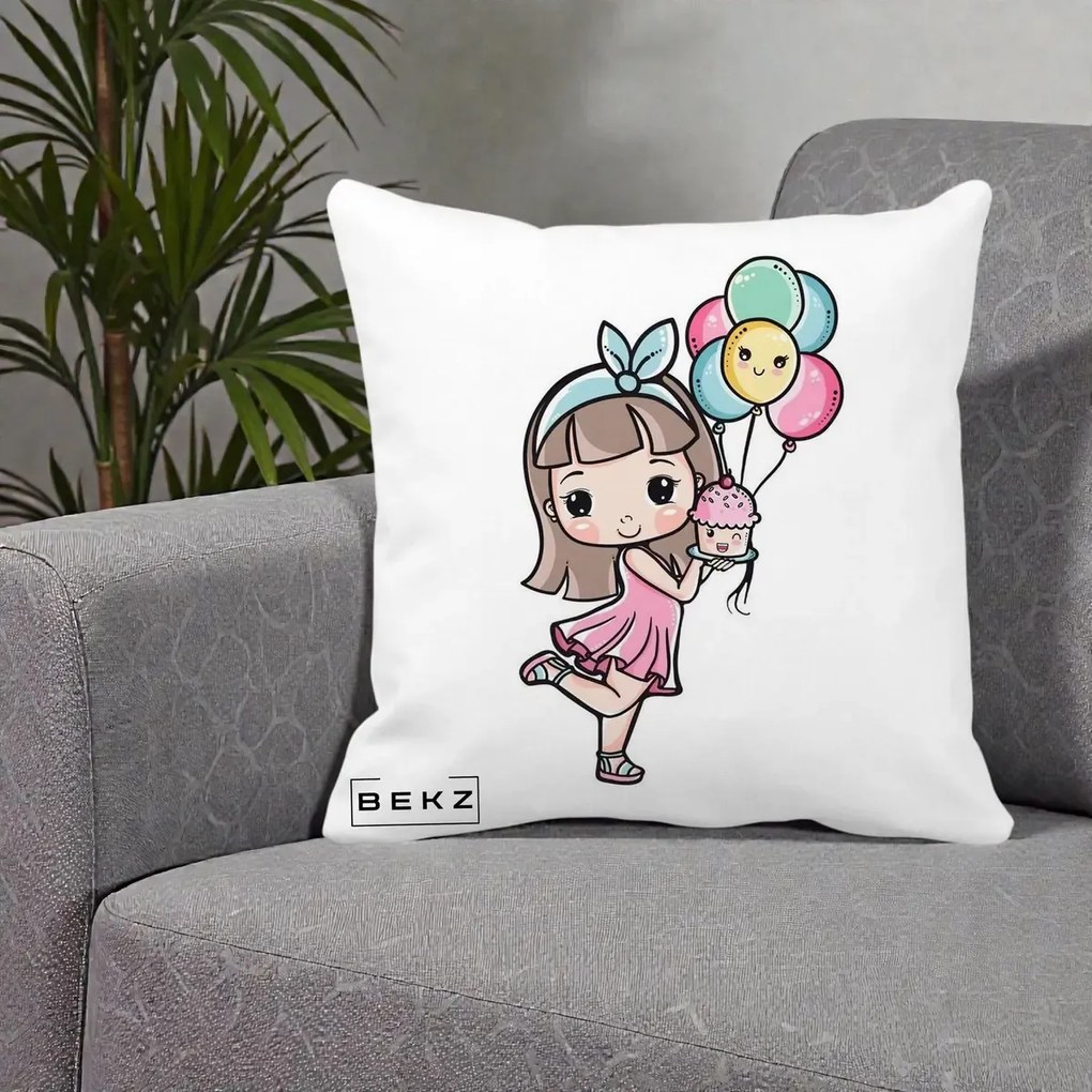 Perna Decorativa Fetita Kawaii cu Baloane si Cupcake, 40x40 cm, Alba Mata, Husa Detasabila, Perna Inclusa, BEKZ®