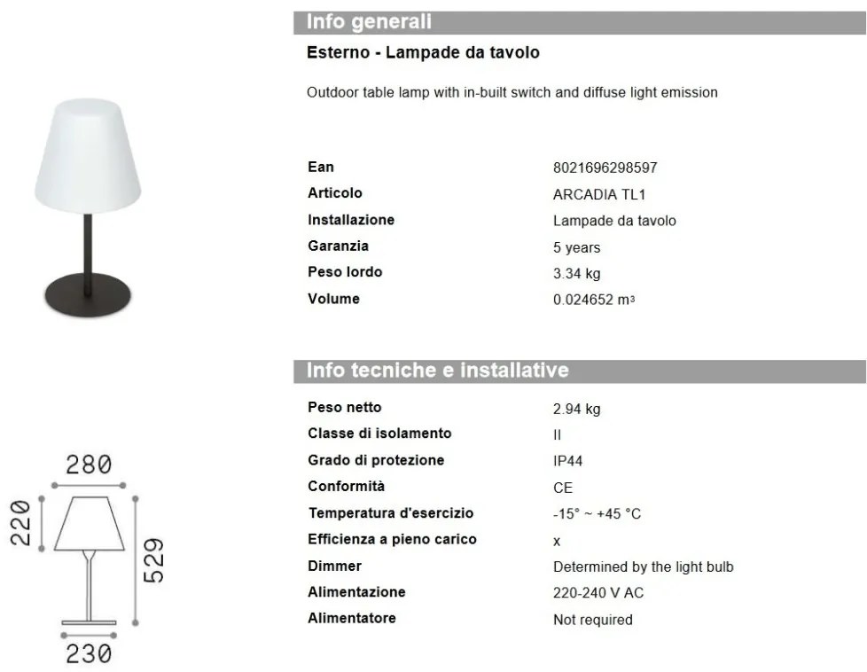Lampa de masa iluminat exterior Arcadia Tl1