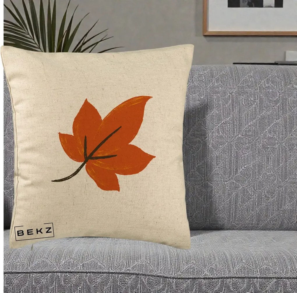 Perna Decorativa Frunza de Toamna Portocalie, 40x40 cm, Bej, Husa Detasabila, Perna Inclusa, BEKZ®