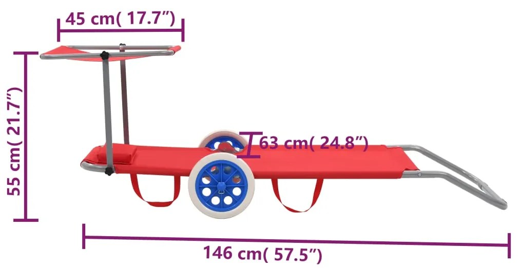 Sezlong de plaja pliabil cu copertina si roti, rosu, otel 1, Rosu