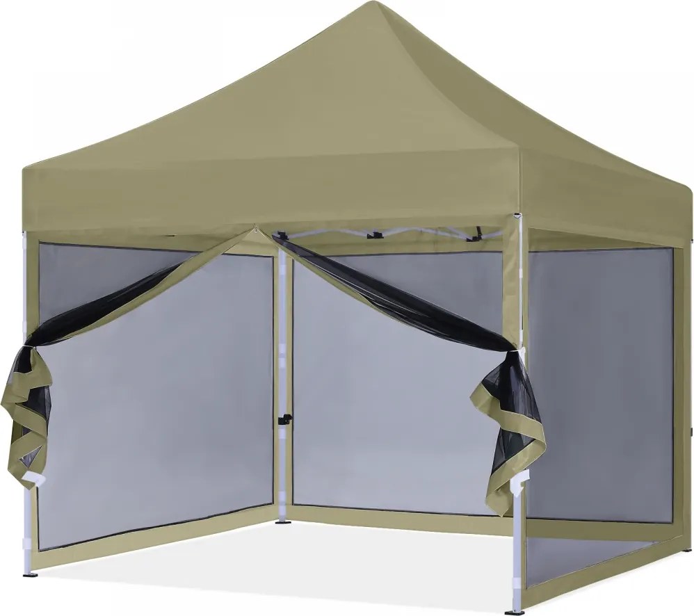 ABCCANOPY – Cort pavilion pliabil 3x3 m, cu pereți Mesh anti-insecte, înălțime reglabilă (3 trepte), impermeabil, protecție UV, Kaki,