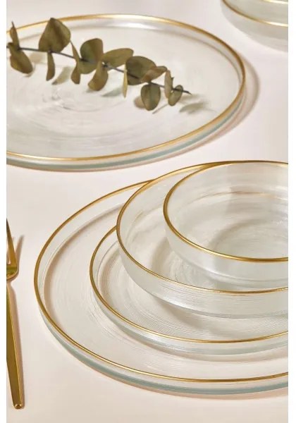 Set veselă 24 piese, din sticlă transparentă cu accente aurii